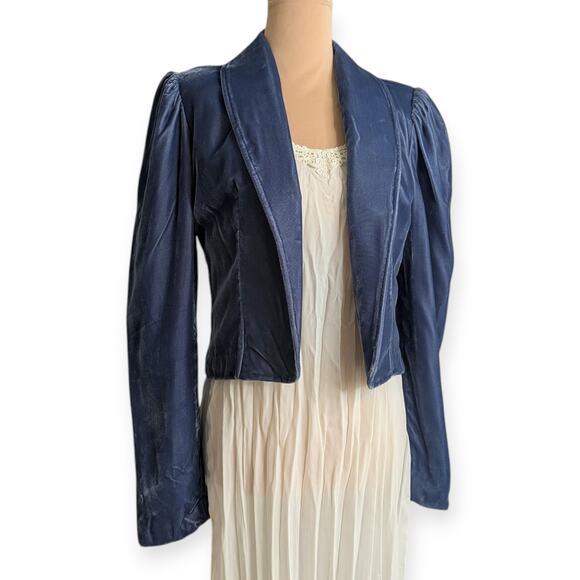 Vintage Blue Velvet Velour Blazer ~ Cornflower satin lined XS/S Open front - Picture 4 of 8